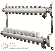 Коллектор для теплого пола SANEXT нержавеющая сталь, с запорн., в/о и дренаж, ДУ25, ВР1"х 10 конт. НР 3/4"