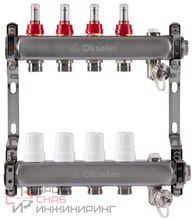 Блоки коллекторные Okseler с расходомерами, дренажным краном и краном Маевского 4 выхода, 1 x 3/4