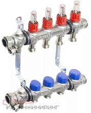 Коллекторная группа, 1", 4 контура, размер отвода-3/4" с вентилями и расходомерами, Elsen