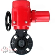 Затвор дисковый поворотный DN.ru WBV4242E-2W-Fb-ISO Дн125 Ру10 межфланцевый, корпус - НПВХ, диск - НПВХ, уплотнение - EPDM, с электроприводом взрывозащищенный DN.ru QT-EX-005M-O2-380VAC-У1 с моментной муфтой и штурвалом