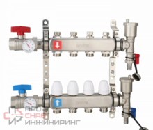 Коллектор Gappo регулируемый с запорными клапанами из латуни 5-вых. x 1" x 3/4" 2 шаровых крана с термометром, 2 воздухоотводчика, 2 сливных крана, 2 кронштейна