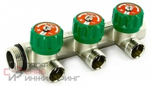 Коллектор НВ 3/4" 4 х 1/2" Н 50мм с выходами под 90', никелированный с вентилями Uni-fitt