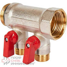 Коллектор Stout с шаровыми кранами 1", 2 отвода 1/2" (красные ручки)