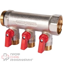 Коллектор Stout с шаровыми кранами 1", 3 отвода 1/2" (красные ручки)
