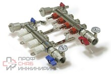 Коллекторная группа TIM KA006 со встроенным расходомером в сборе +2 крана и термометра 1"х 6 вых. 3/4 ЕК