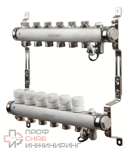 Коллектор для теплого пола SANEXT нержавеющая сталь, с запорн., в/о и дренаж., ДУ25, ВР1"х 6 конт. НР 3/4"