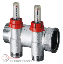 Запорный проходной коллектор FAR 1" 2 отвода евроконус 3/4" с расходомерами