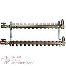 Коллектор распределительный с запорными клапанами шаровыми кранами термометром и воздухоотводчиком Stout 1х3/4 на 12 выходов