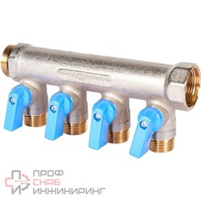 Коллектор Stout с шаровыми кранами 3/4", 4 отвода 1/2" (синие ручки)