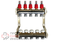Коллекторный блок Gekon для теплого пола 1"x3/4"EU отверстий-5, в комплекте: расходомеры, термостат. клапаны, слив, Gekon_Armatura