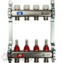 Коллекторная группа 1"х3/4" 4 вых с расходомерами и регулировочными вентилями, нерж.сталь STOUT