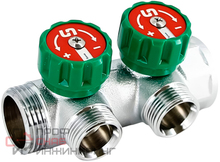 Коллектор Uni-fitt НВ 1" 2 х 3/4" EK 45 мм с выходами под 90', хромированный с вентилями