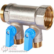 Коллектор Stout с шаровыми кранами 1", 2 отвода 1/2" (синие ручки)