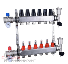 Коллекторная группа TIM KAS5011 со встроенным расходомером в сборе +2 крана и термометра 1"х11 вых. 3/4 ЕК