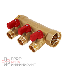 Коллектор Hoobs с шар. кранами, латунь, 3/4"х2х1/2"EK, красная ручка