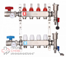 Коллектор Gappo регулируемый с расходомерами из нержавеющей стали 8-вых. x1"x3/4" 2 шаровых крана с термометром, 2 воздухоотводчика, 2 сливных крана, 2 кронштейна