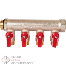 Коллектор с шаровыми кранами 3/4" Stout, 4 отвода 1/2" (красные ручки) RG0091AACQND3T