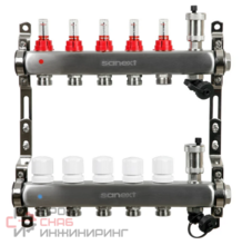 Коллектор для теплого пола SANEXT нержавеющая сталь, с расходомерами, автоматический в/о и дренажный клапан, ДУ25, ВР1x5 конт. НР 3/4
