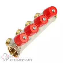 Коллектор General Fittings 6200 1"х1/2" 4 вых., c вентилями, латунь никелир., красный регулятор