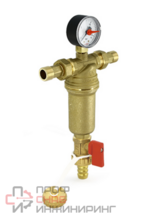 Фильтр промывной ВН 1/2" х 3/4" с редукционными соединениями со сливным шаровым краном и манометром Uni-fitt