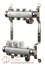 Коллектор для теплого пола SANEXT нержавеющая сталь, с запорн., в/о и дренаж., ДУ25, ВР1"х 3 конт. НР 3/4"