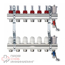 Блок коллекторный Kromwell с термостатическими клапанами и расходомерами 1" 6 выходов 3/4" "евроконус"