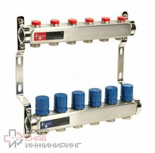 Коллекторная группа Wattson 1" х 3/4" EK на 6 контуров с термостатическими и настроечными клапанами, нержавеющая сталь