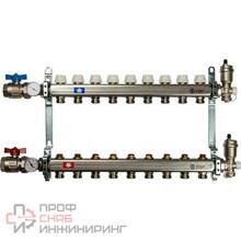 Коллектор распределительный с запорными клапанами шаровыми кранами термометром и воздухоотводчиком Stout 1х3/4 на 9 выходов