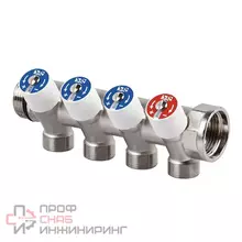 Сборный коллектор распределения со встроенными регулировочными клапанами, 3/4” x 1/2”. 4 рабочих контура. Покрытие - Никель.