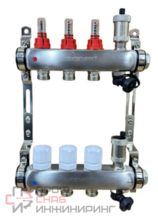 Коллектор для теплого пола SANEXT нержавеющая сталь, с расходомерами, автоматический в/о и дренажный клапан, ДУ25, ВР1x3 конт. НР 3/4