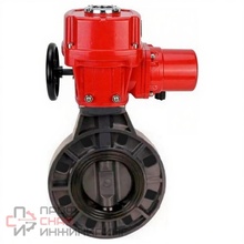 Затвор дисковый поворотный DN.ru WBV4242E-2W-Fb-ISO Дн50 Ру10 межфланцевый, корпус - НПВХ, диск - НПВХ, уплотнение - EPDM, с электроприводом взрывозащищенный DN.ru QT-EX-005M-O2-220VAC-У1 с моментной муфтой и штурвалом
