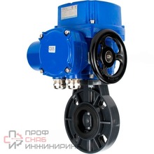 Затвор дисковый поворотный DN.ru WBV4242E-2W-Fb-ISO Дн65 Ру10 межфланцевый, корпус - НПВХ, диск - НПВХ, уплотнение - EPDM, с электроприводом DN.ru QT-N-005M-O2-380VAC-У1 с моментной муфтой и штурвалом