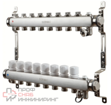 Коллектор для теплого пола SANEXT нержавеющая сталь, с запорн., в/о и дренаж., ДУ25, ВР1"х 8 конт. НР 3/4"