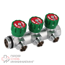 Коллектор Hoobs латунный хром. с вентилями 1" x 3/4"EK- 3 вых, зеленая ручка