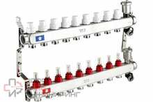 Коллекторная группа РосТурПласт с регулирующими клапанами, расходомерами, воздухоотводчиками, обратными и дренажными клапанами, кронштейном (евроконус 3/4") нержавеющая сталь SUS 304 1"х 4 выхода RTP