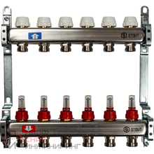 Коллекторная группа 1"х3/4" 6 вых с расходомерами и регулировочными вентилями, нерж.сталь STOUT