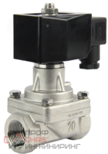 Клапан электромагнитный DN.ru VS1031-PT-NC-220VAC 1 1/2" Ду40 Ру0.4-16 соленоидный двухходовой поршневой. корпус - нержавеющая сталь 304. уплотнение - PTFE. резьбовой. пилотного действия. нормально закрытый. катушка - 220В