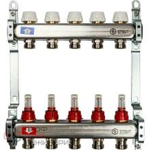 Коллекторная группа 1"х3/4" 5 вых с расходомерами и регулировочными вентилями, нерж.сталь STOUT