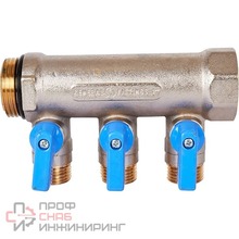 Коллектор Stout с шаровыми кранами 1", 3 отвода 1/2" (синие ручки)