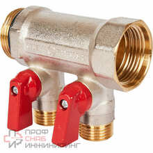 Коллектор Stout с шаровыми кранами 1", 2 отвода 1/2" (красные ручки)