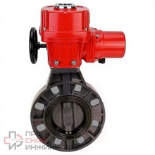 Затвор дисковый поворотный DN.ru WBV4242E-2W-Fb-ISO Дн200 Ру10 межфланцевый, корпус - НПВХ, диск - НПВХ, уплотнение - EPDM, с электроприводом взрывозащищенный DN.ru QT-EX-020M-O2-220VAC-У1 с моментной муфтой и штурвалом