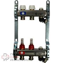Коллектор из нержавеющей стали с расходомерами Stout, с клапаном вып. воздуха и сливом 2 вых.