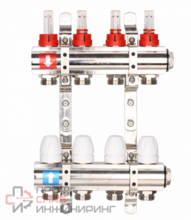 Коллектор Gappo регулируемый с расходомерами из латуни 4-вых. x1"x3/4" 2 заглушки, 2 кронштейна