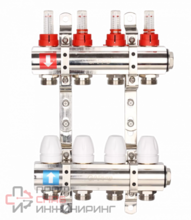 Коллектор Gappo регулируемый с расходомерами из латуни 3-вых. x1"x3/4" 2 заглушки, 2 кронштейна