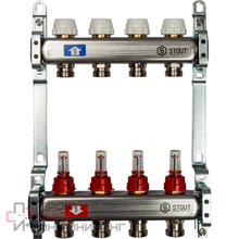 Коллекторная группа 1"х3/4" 4 вых с расходомерами и регулировочными вентилями, нерж.сталь STOUT