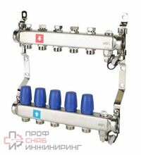 Коллектор из нержавеющей стали в сборе без расходомеров, c дренажным краном и воздухоотводчиком, (5 выходов) MVI