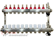 Коллектор для теплого пола SANEXT нержавеющая сталь, с расходомерами, автоматический в/о и дренажный клапан, ДУ25, ВР1x10 конт. НР 3/4