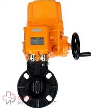 Затвор дисковый поворотный DN.ru WBV4242E-2W-Fb-ISO Дн150 Ру10 межфланцевый, корпус - НПВХ, диск - НПВХ, уплотнение - EPDM, с электроприводом взрывозащищенный DN.ru QT-EX-010EM-O2-24VDC-У1