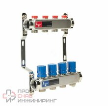 Коллекторная группа Wattson 1" х 3/4" EK на 4 контура с термостатическими и настроечными клапанами, нержавеющая сталь