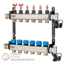 Коллектор Henco UFH-MDSS 1"х3/4" 4 вых. c термостат. клапанами с расходомерами сталь нерж.